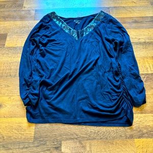 Lane Bryant Navy Long Sleeve T-shirt 14/16 Sequin Embellished V-Neck Ruching